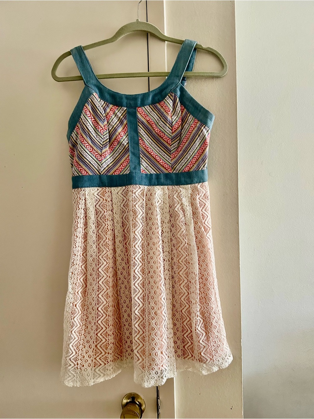 Anthropologie Teal-Trim Multicolor Bodice Cream Lace Kids Dress